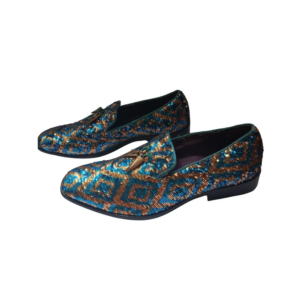 Mens Blue Bronze Sequin Geometric Loafers Gold Spike Tassel Formal Dress Shoes